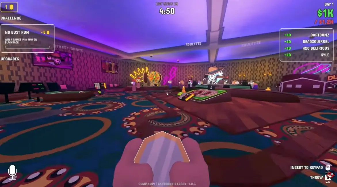 First casino floor with shared money, quota timer, and game tables
